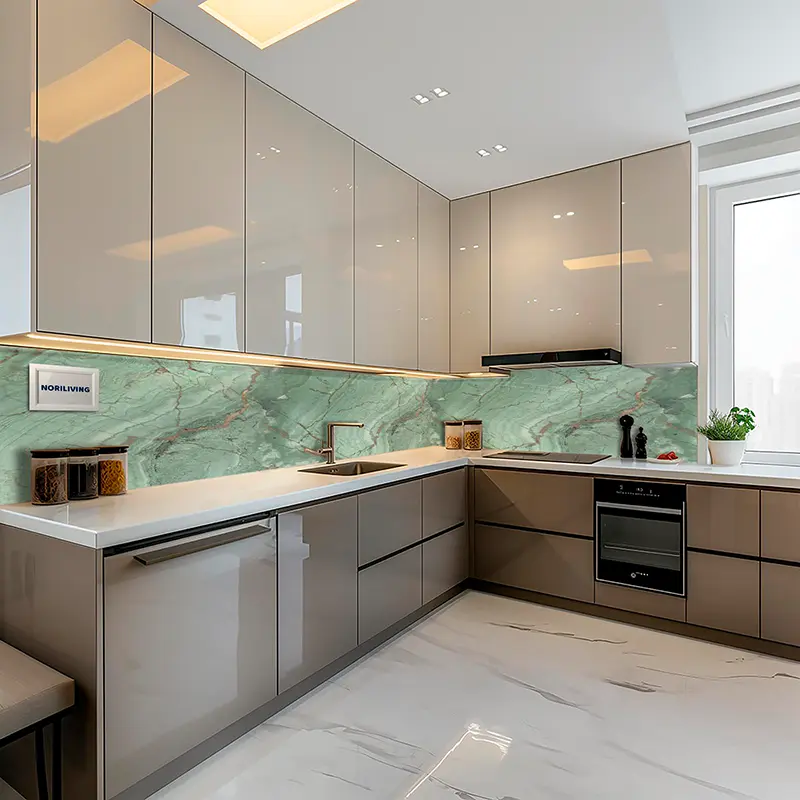 Elegante Küchenzeile mit grünem Marmor-Spritzschutz