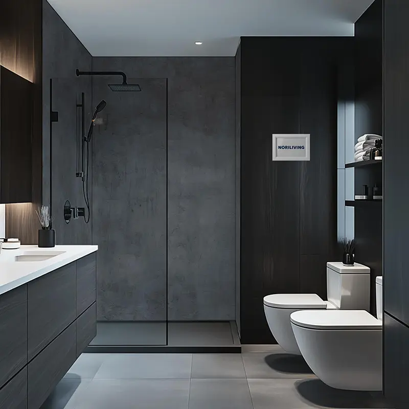 Dunkles, modernes Bad mit Glasdusche und Wandtoilette