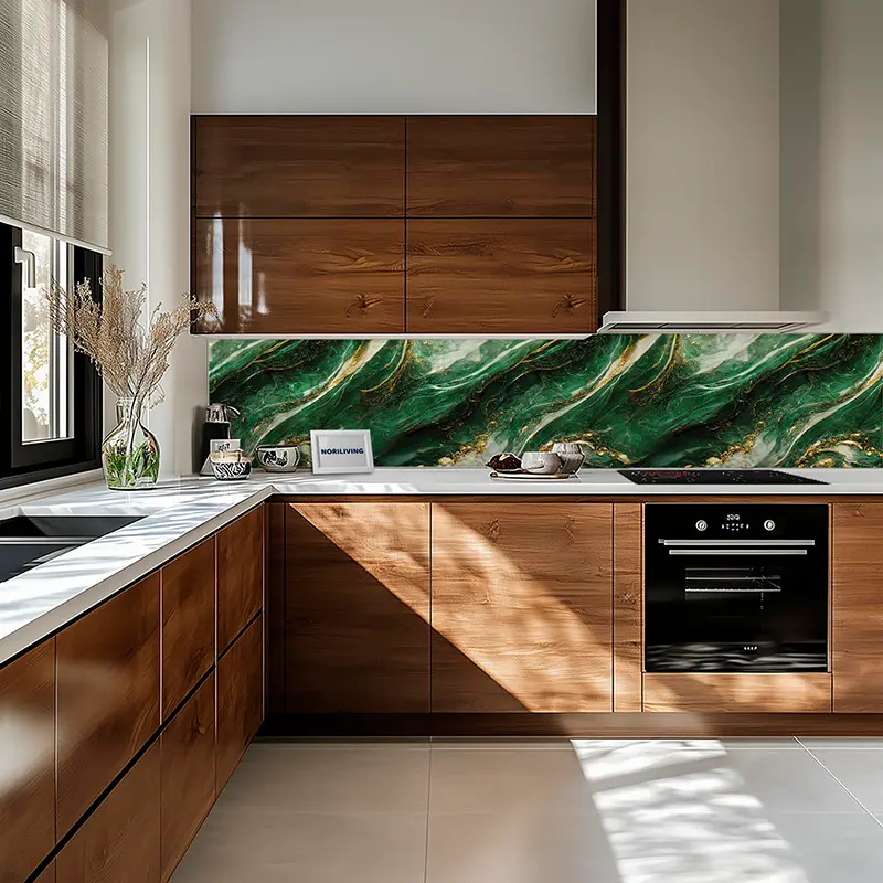 Elegante Küche mit grünem Marmor-Spritzschutz