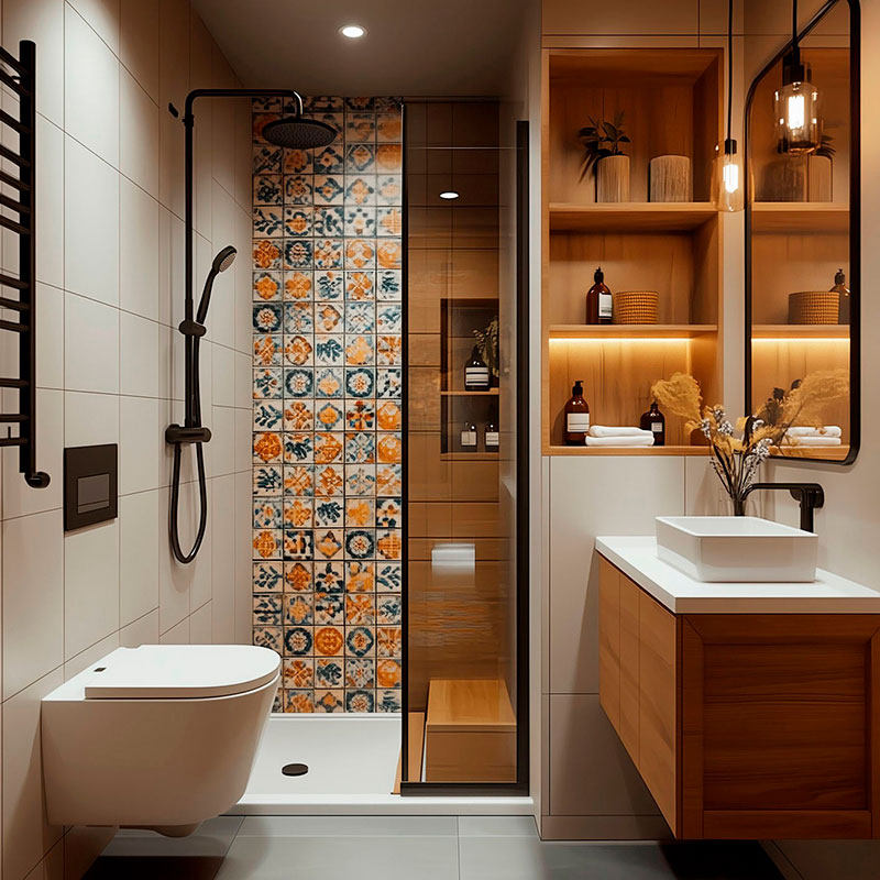 Elegantes Badezimmer mit bunter Duschwand, Waschbecken und Holzschränken