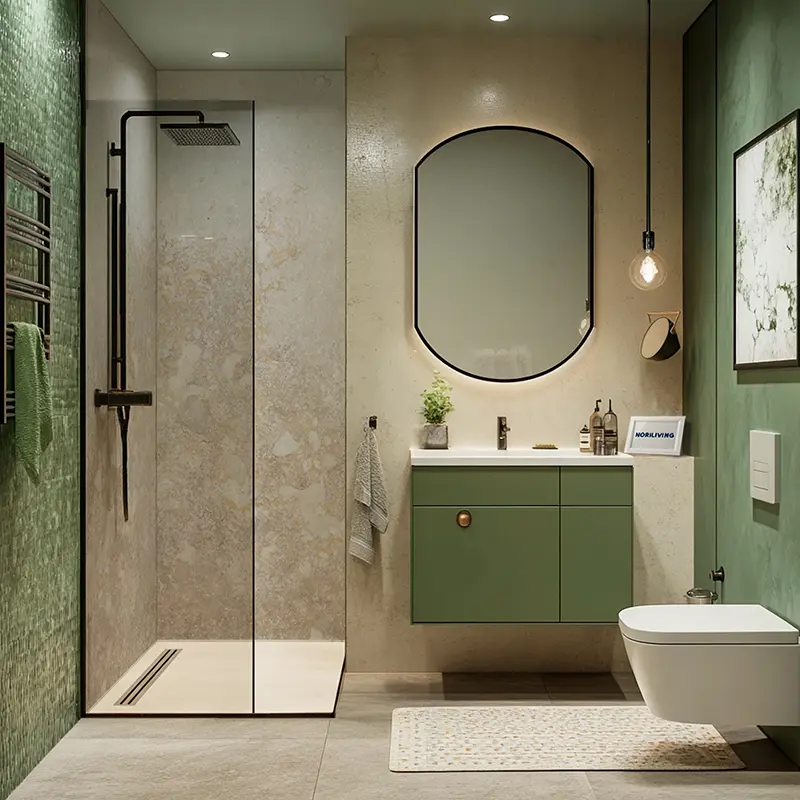 Helles Bad mit Dusche, grünem Waschschrank und WC