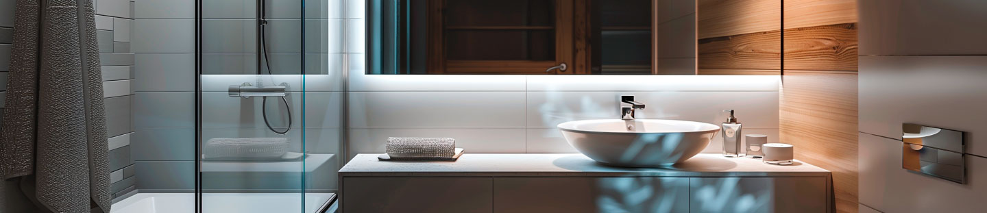 Moderne Badezimmergestaltung mit Glasdusche und stilvollem Waschbecken Modernes Badezimmer mit Glasdusche, Waschbecken und gemütlicher Beleuchtung