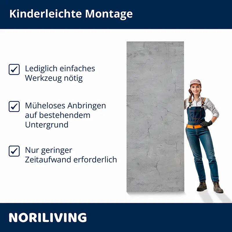 Wandpanel Betonoptik mit Montagehinweis und Handwerkerin