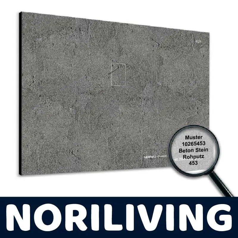 Musterplatte in Beton Steinoptik, Modell 10265453, von Noriliving mit Lupe auf Texturdetails.