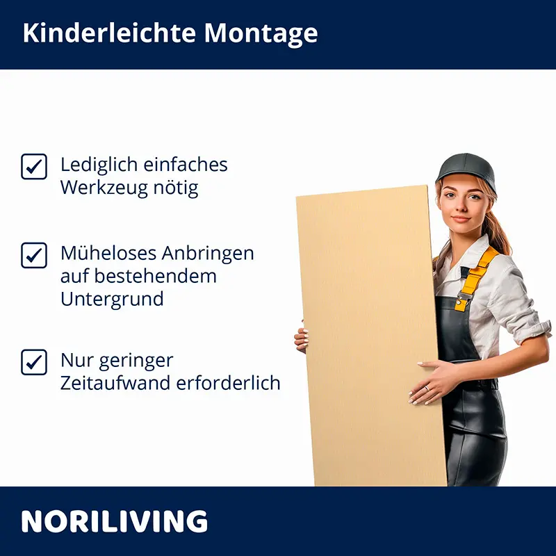 Frau mit Montageplatte zeigt einfache Montage