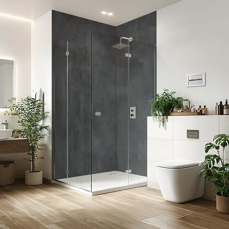 Modernes Badezimmer mit Glas-Eckdusche und WC