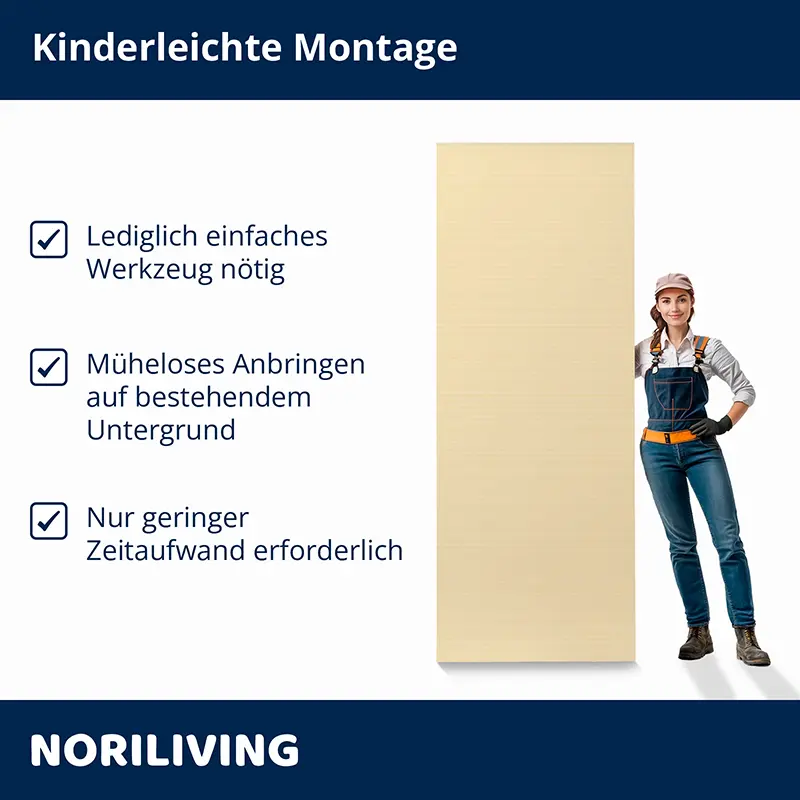 Frau neben Montagepanel, Hinweise zur kinderleichten Montage
