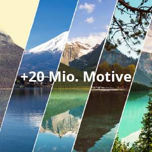 Collage mit verschiedenen Landschaftsmotiven, darunter Berge, Wälder und Seen, mit dem Text '+20 Mio. Motive' in der Mitte
