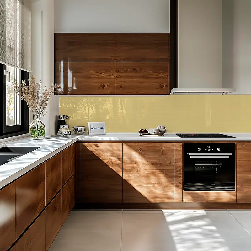 Moderne Küche mit Holzfronten und Einbauherd