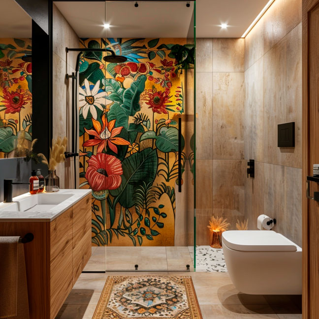 Modernes Badezimmer mit exotischem Blumenmuster Modernes Badezimmer mit Dusche, buntem exotischen Blumenmuster, Holzdetails und warmem Licht.
