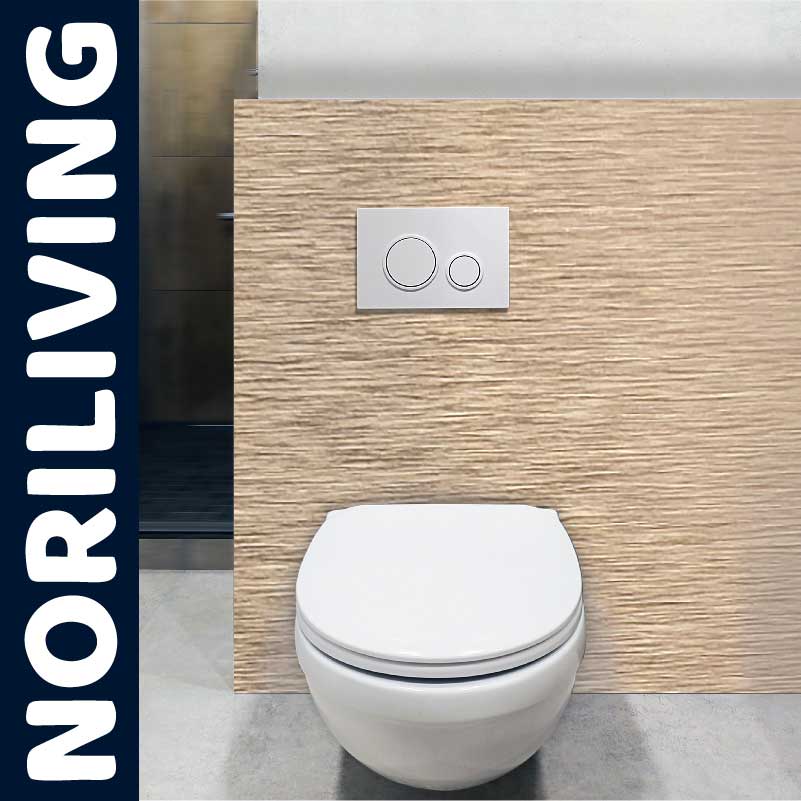 Modernes Wand-WC mit stilvoller Holzverkleidung im Badezimmer Elegantes WC in einem modernen Badezimmer mit Holzverkleidung und Doppelspülknopf