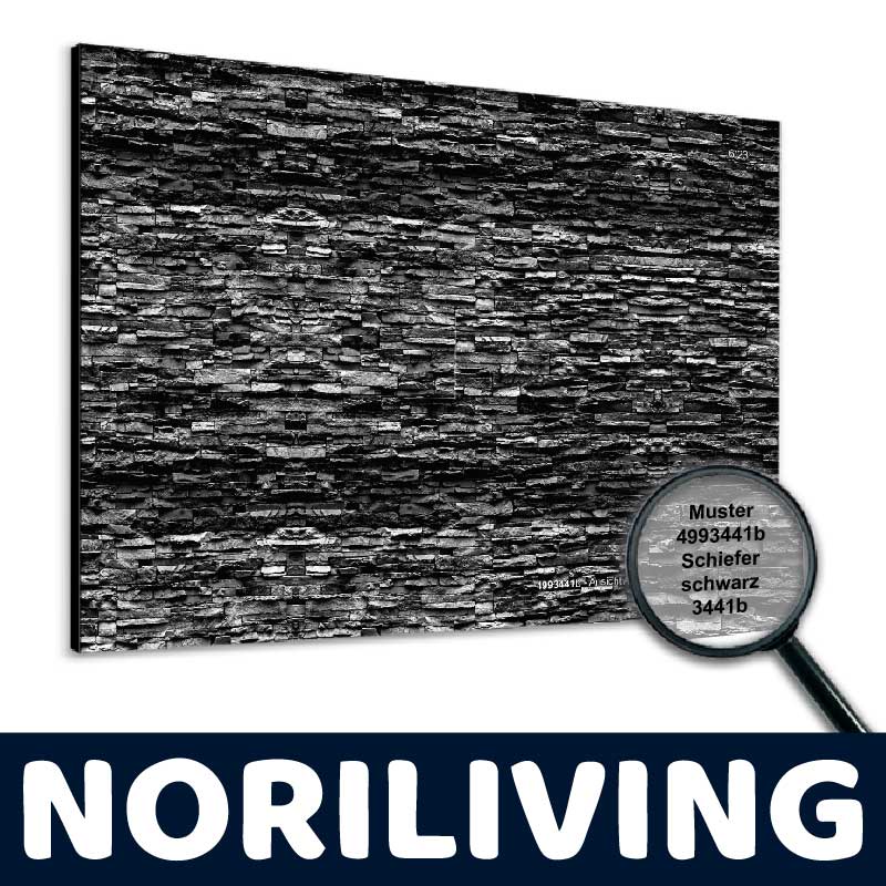 Wandbild aus Schiefer in Schwarz mit Muster 4993441b von NORILIVING Nahaufnahme eines schwarzen Schiefer-Wandbildes mit der Musterkennung 4993441b, hergestellt von NORILIVING. Die strukturierte Oberfläche hebt das dekorative Design hervor.