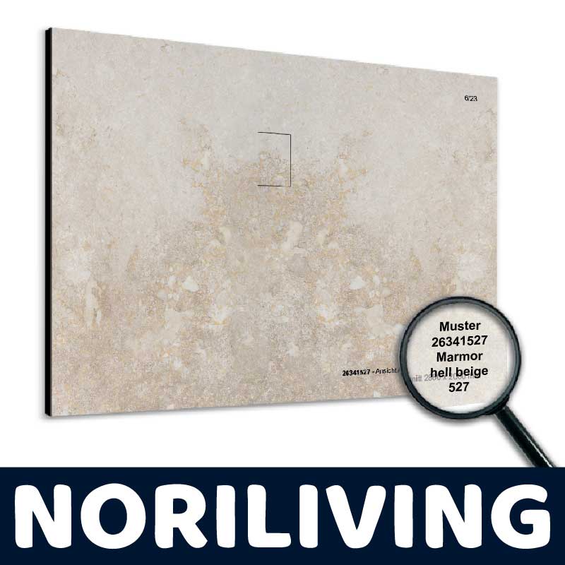 Musterplatte aus Marmor in hellbeige von Noriliving Musterplatte 26341527 aus Marmor in hellbeige mit Lupe, Noriliving-Logo