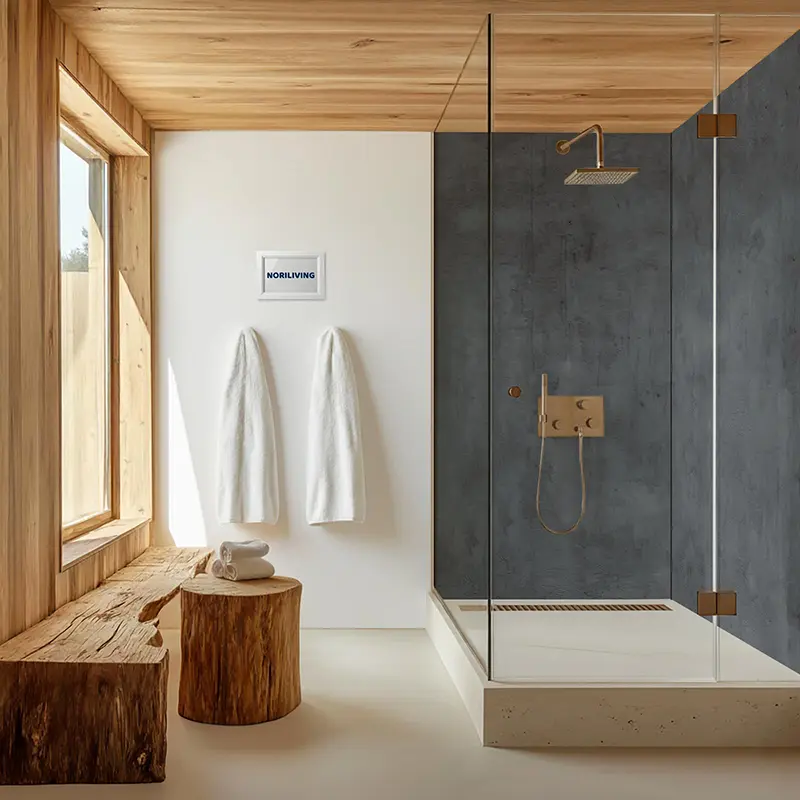 Minimalistisches Bad mit Glasdusche und Holzbank