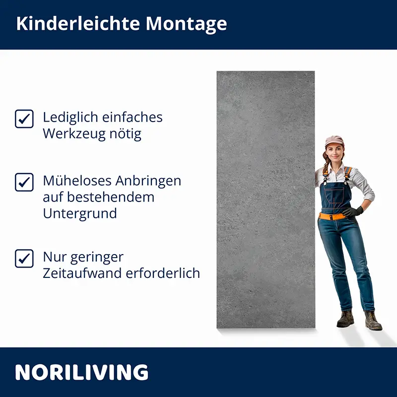 Frau neben Beton-Wandpaneel mit Montage-Icons