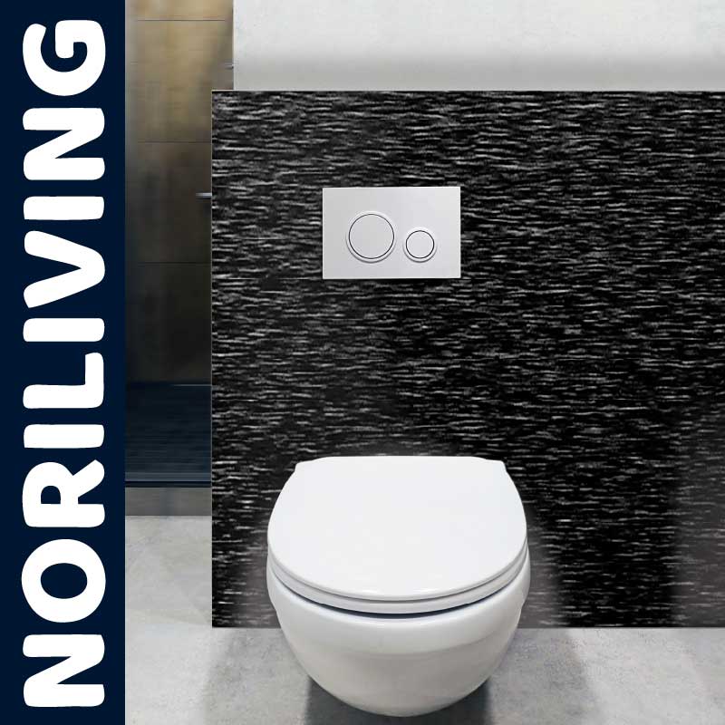 Stilvolle Wand-WC-Einheit von Noriliving mit schwarzer Verkleidung und weißer Drückerplatte