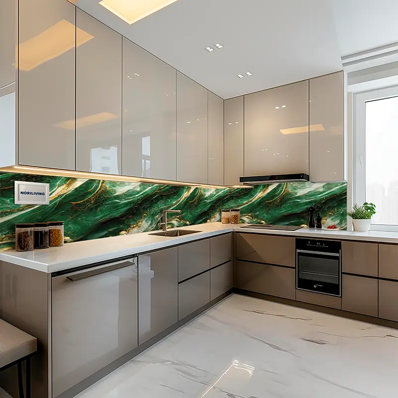Elegante Eckküche mit grünem Marmor-Rückwand