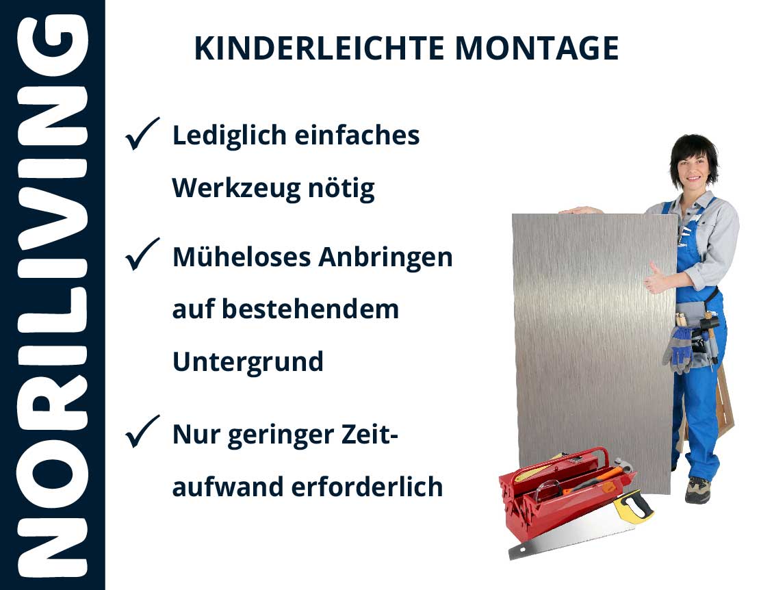 Handwerkerin zeigt eine einfache Montage mit wenigen Werkzeugen