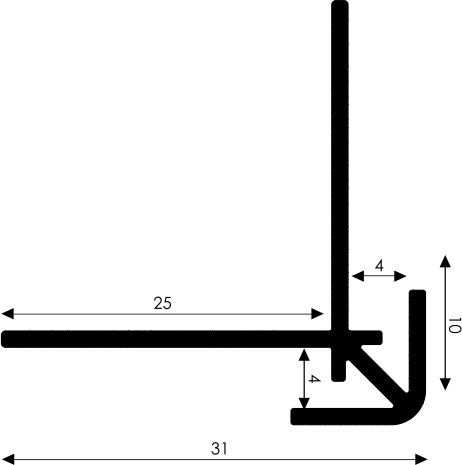 Technische Zeichnung eines L-Profils mit Maßen Technische Zeichnung eines L-förmigen Profils mit Längenangaben von 25 und 31 Millimetern und Höhenangaben von 4 Millimetern.