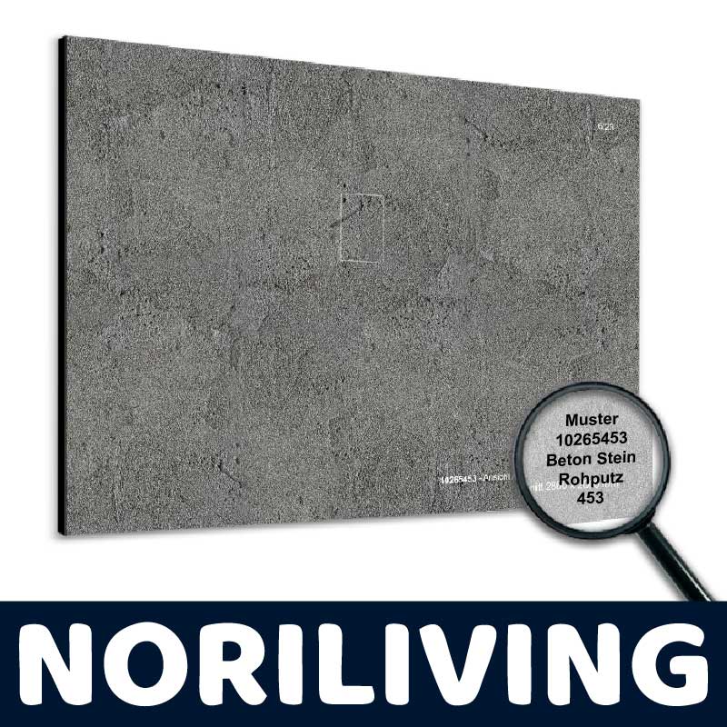 Musterplatte in Beton Steinoptik, Modell 10265453, von Noriliving mit Lupe auf Texturdetails.