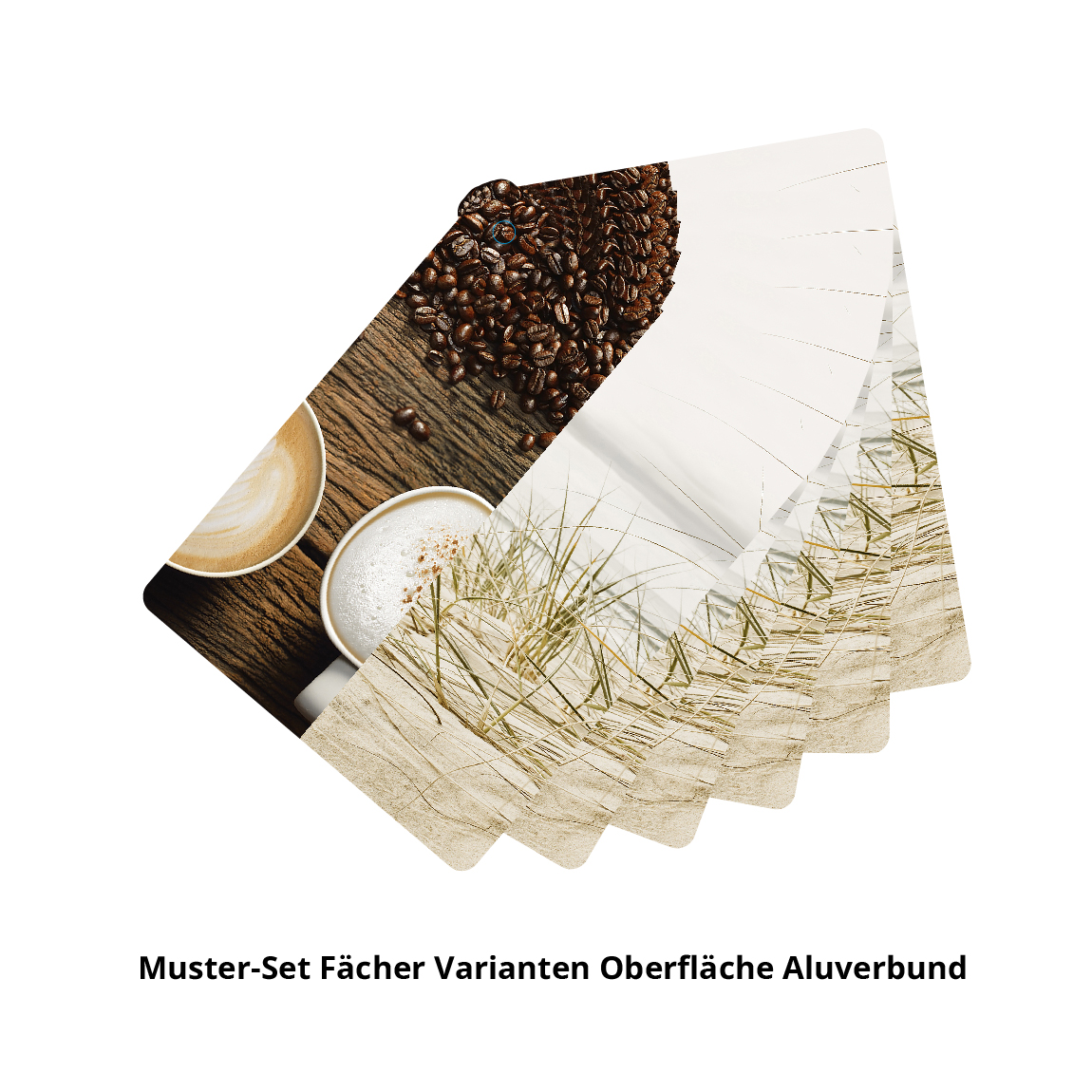 Ein Fächer aus Musterkarten mit verschiedenen Aluverbund-Oberflächen, darunter Kaffeebohnen und Strandmotive
