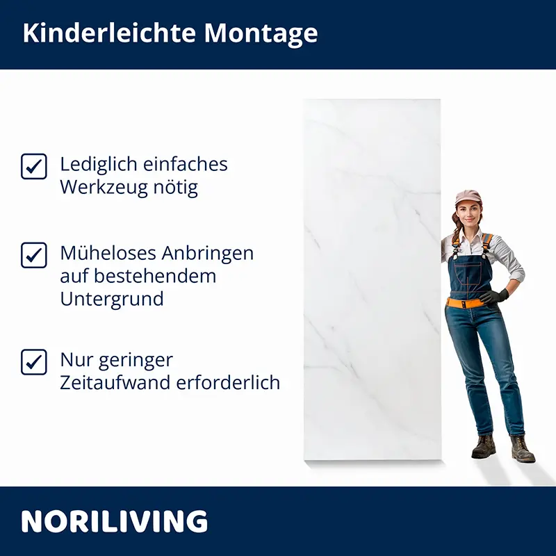 Montagepaneel in Marmoroptik mit Handwerkerin