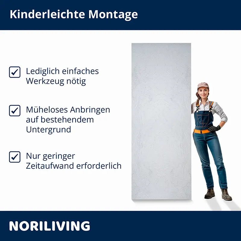 Produktpaneel mit Montagehinweisen und Frau im Arbeitsoutfit