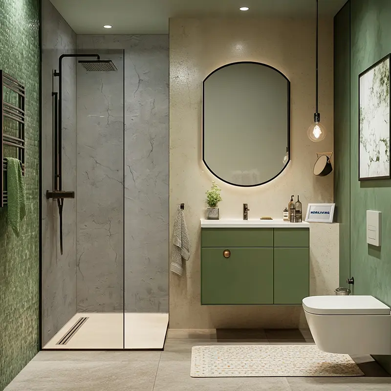 Badezimmer mit Dusche, grünem Waschtisch, Spiegel und WC