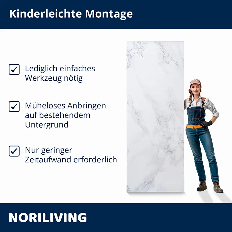 Wandpaneel Marmoroptik mit Handwerkerin und Montagehinweis