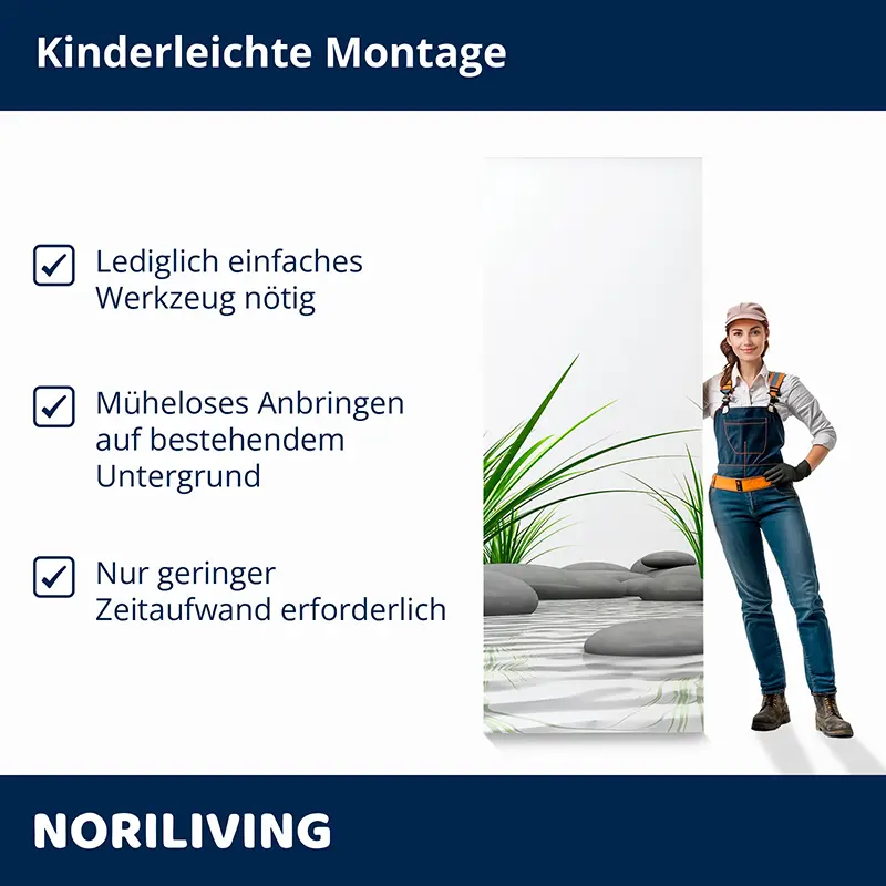 Frau neben Wandpaneel mit Pflanzenmotiv, einfache Montage