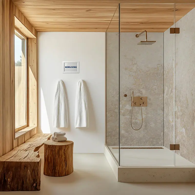 Helles Badezimmer mit Holzbank und bodenebener Dusche