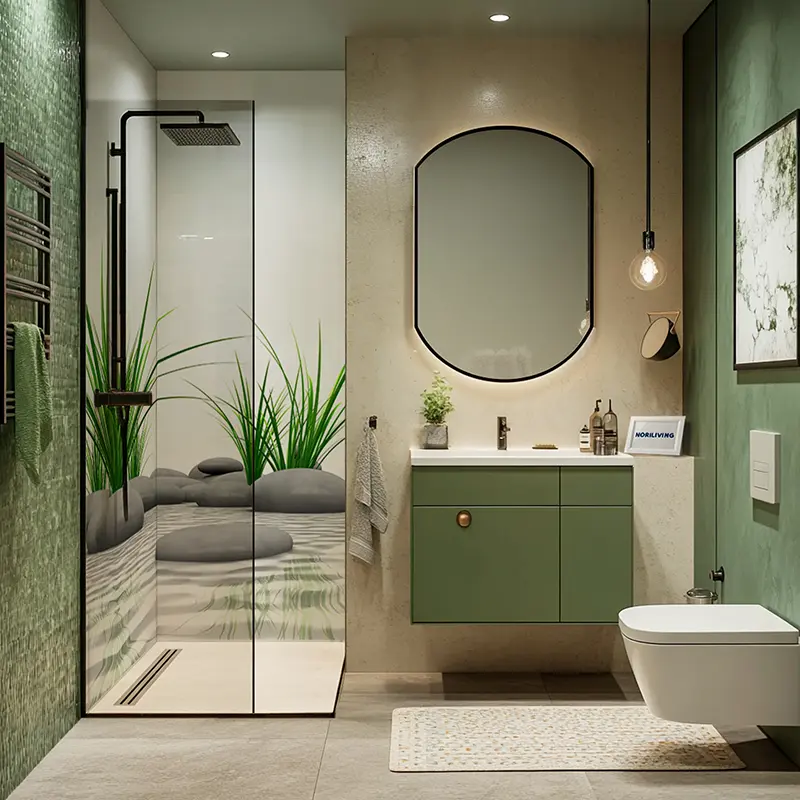 Badezimmer mit grüner Möbelfront, Dusche und Spiegel