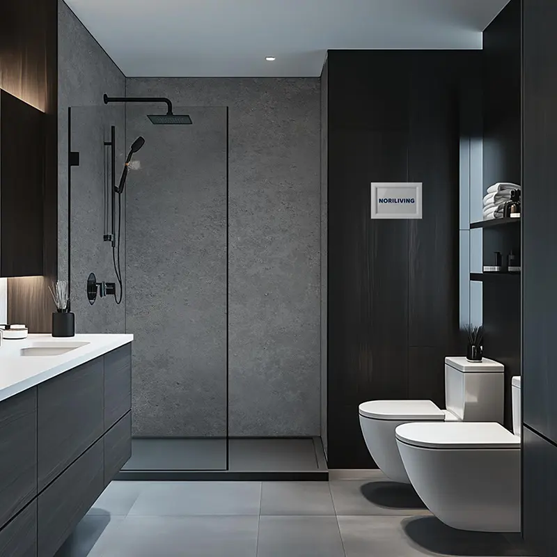 Elegantes dunkles Badezimmer mit Glasdusche und WC