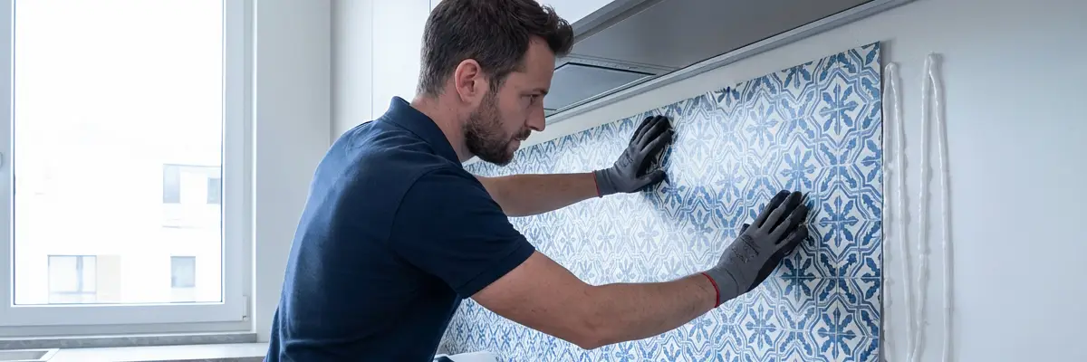 Handwerker montiert gemusterte Fliesen als Küchenrückwand