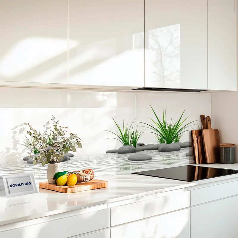 Weiße Küche mit Stein-Deko, Pflanzen und Schneidbrettern