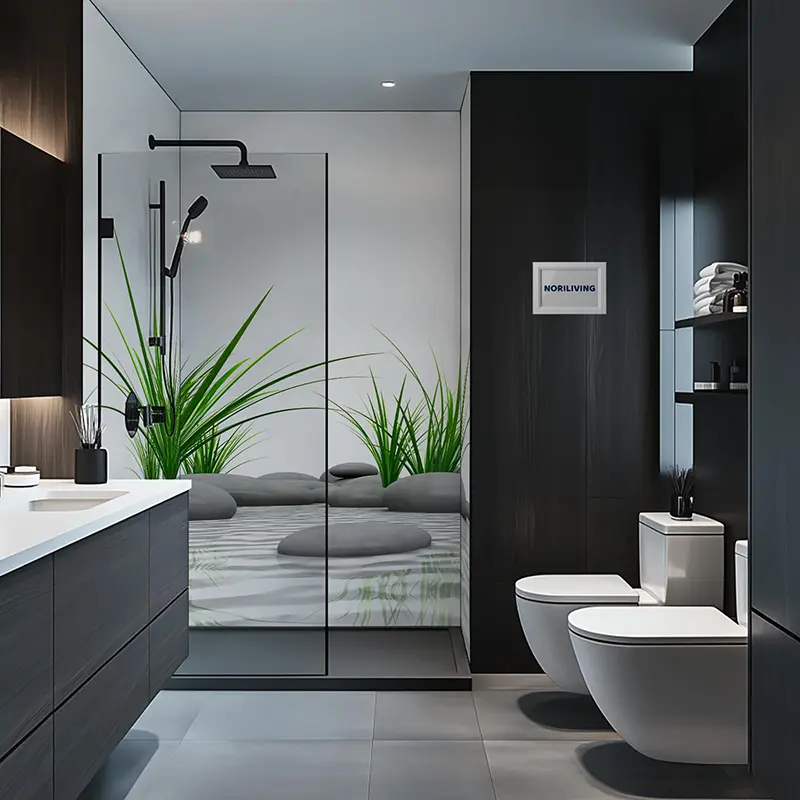 Luxuriöses schwarz-weiß Bad mit Duschwand und Pflanzen