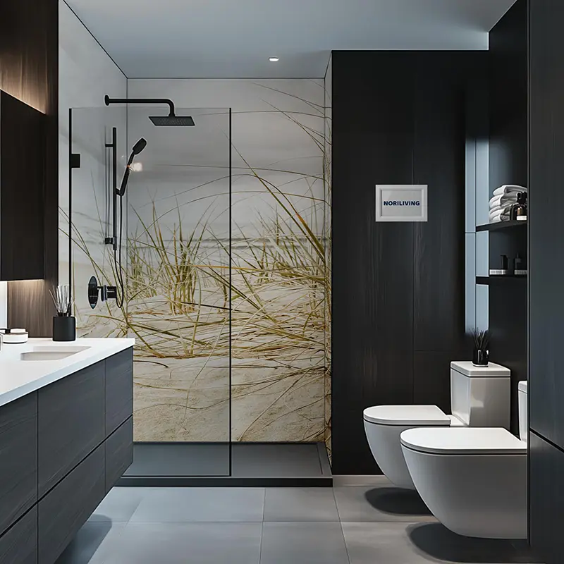 Schwarzes modernes Bad mit Glas-Dusche und Wandbild