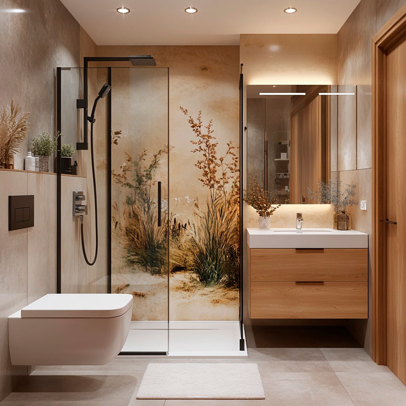 Modernes Badezimmer mit Naturtapete und Holzakzenten Modernes Badezimmer mit Naturtapete hinter der Duschkabine, schwebendem Waschtisch und Holzakzenten.