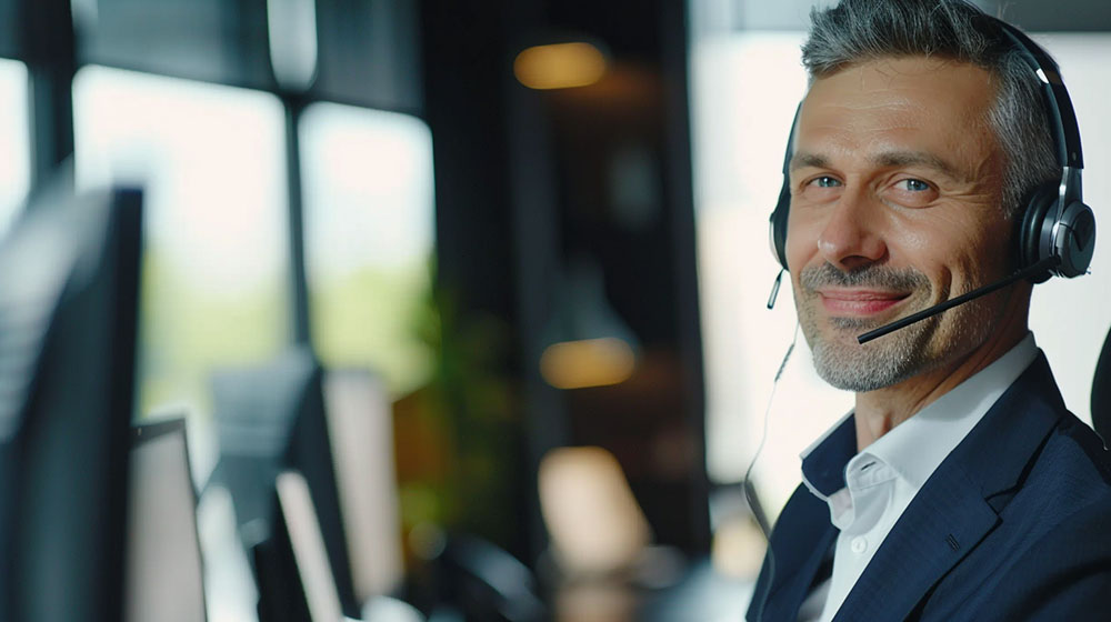 Freundlicher Kundenservice-Mitarbeiter mit Headset im modernen Büro Ein lächelnder Mann mit Headset, der in einem modernen Büro Kundenservice leistet.